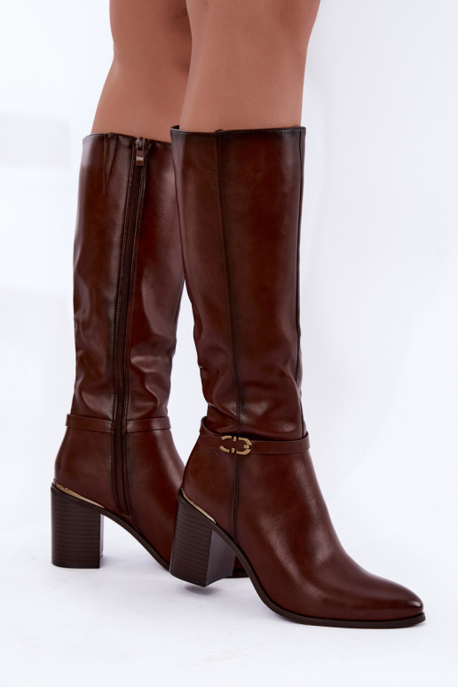 Women's insulated knee-high boots with decorated heels brown color Sergio Leone KZ-08