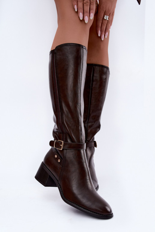 Women's knee-high boots with buckles chocolate color Sergio Leone KZ-07