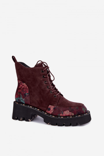 Suede insulated boots with laces and floral motifs burgundy color Artiker 59C0248