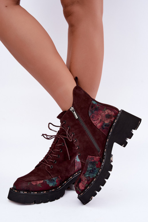 Suede insulated boots with laces and floral motifs burgundy color Artiker 59C0248