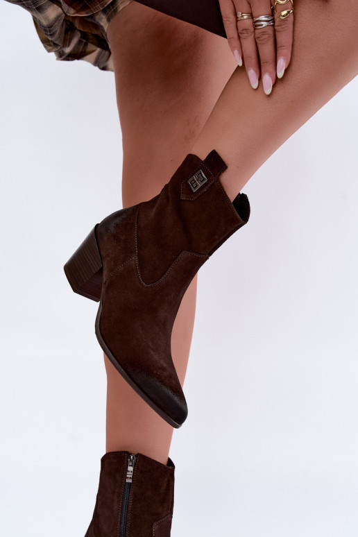 Women's insulated cowboy-style ankle boots with heels in natural suede Zazoo 60603