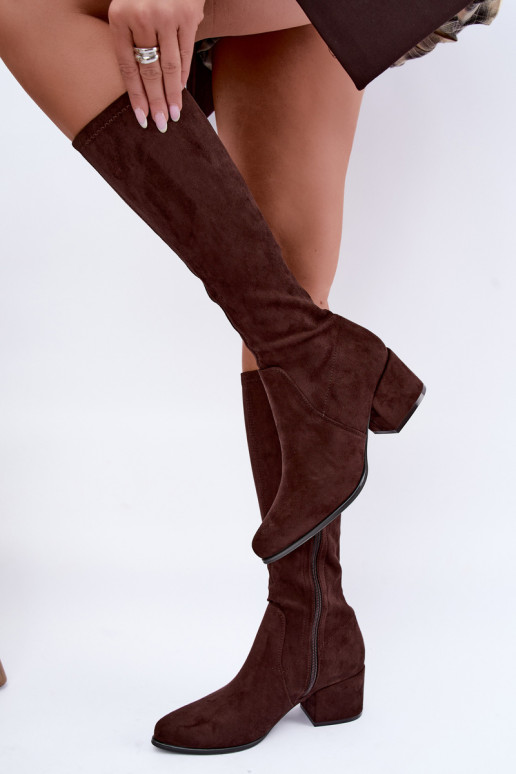Women's knee-high boots on low heels in chocolate faux suede Sergio Leone KZ212