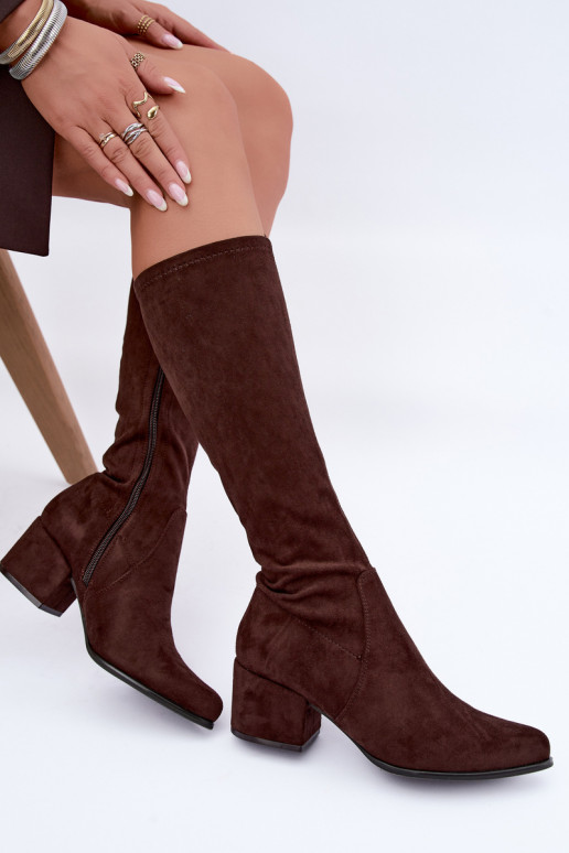 Women's knee-high boots on low heels in chocolate faux suede Sergio Leone KZ212