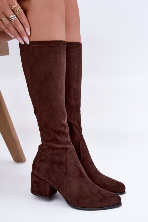 Women's knee-high boots on low heels in chocolate faux suede Sergio Leone KZ212