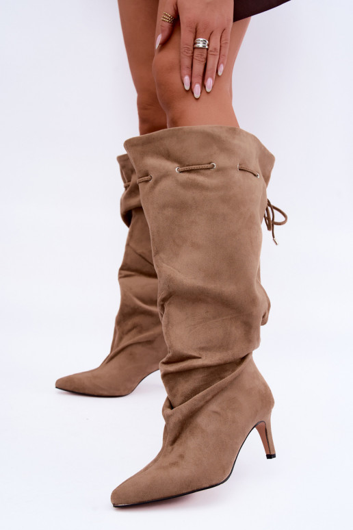 Insulated slip-on knee-high boots with thin heels and stylish details in sand color Tivel