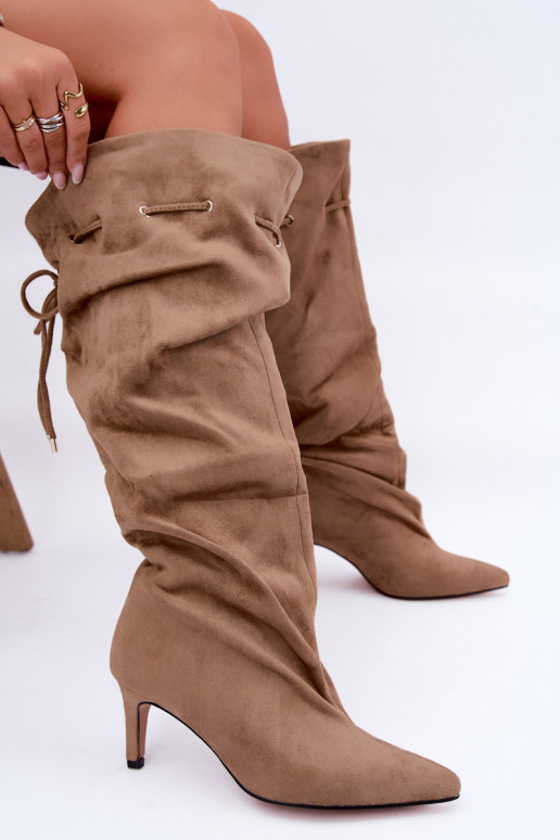 Insulated slip-on knee-high boots with thin heels and stylish details in sand color Tivel