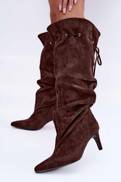 warm slip-on knee-high boots with thin heels and stylish details in chocolate color Tivelle