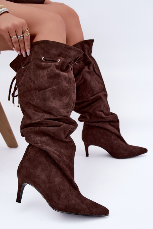 warm slip-on knee-high boots with thin heels and stylish details in chocolate color Tivelle
