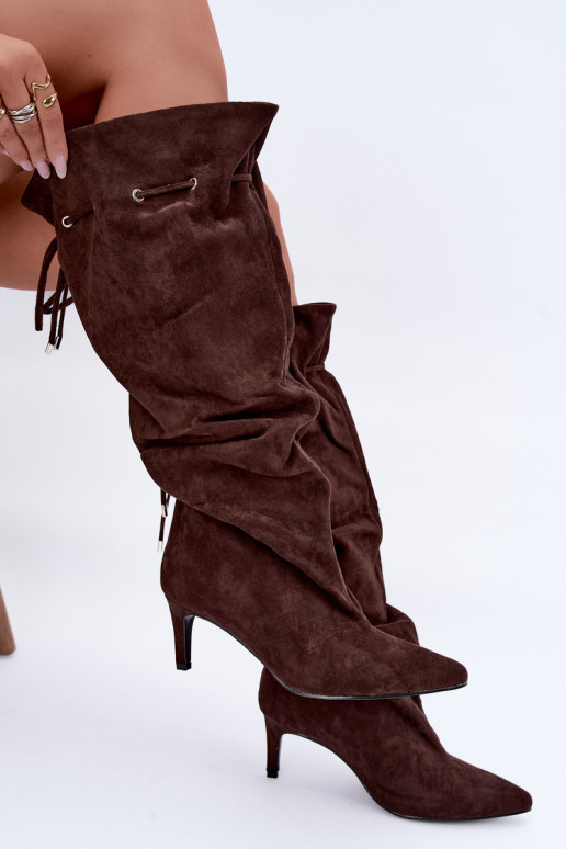 warm slip-on knee-high boots with thin heels and stylish details in chocolate color Tivelle