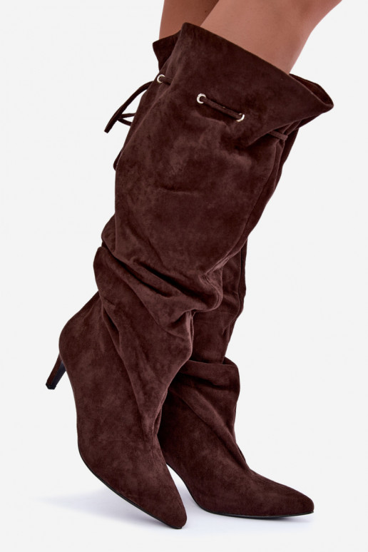 warm slip-on knee-high boots with thin heels and stylish details in chocolate color Tivelle