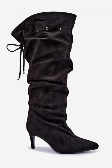 warm slip-on knee-high boots with thin heels and stylish details in black color Tivelle