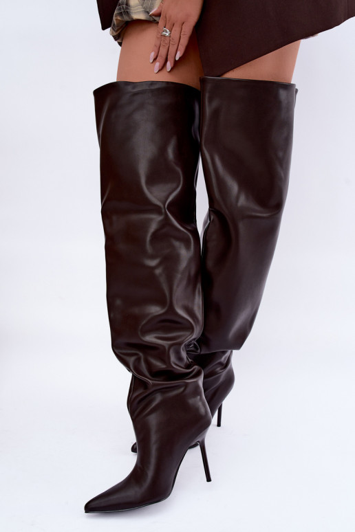 women's knee-high boots with thin heels above the knee in chocolate color Aderelle