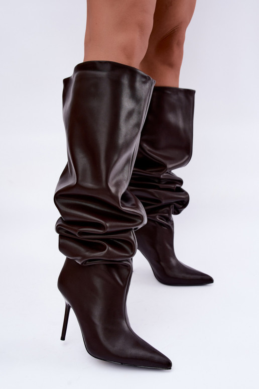 women's knee-high boots with thin heels above the knee in chocolate color Aderelle