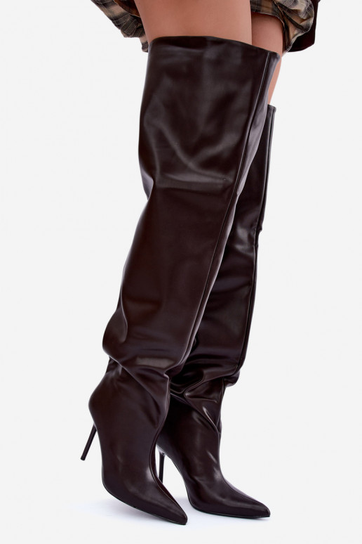 women's knee-high boots with thin heels above the knee in chocolate color Aderelle