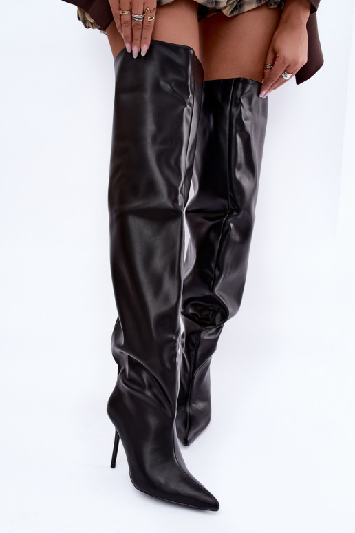 women's knee-high boots with thin heels above the knee in black color Aderelle