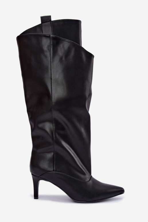 warm knee-high boots with ruffles and thin heels in black color Emerine