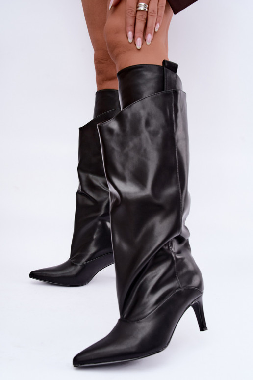 warm knee-high boots with ruffles and thin heels in black color Emerine