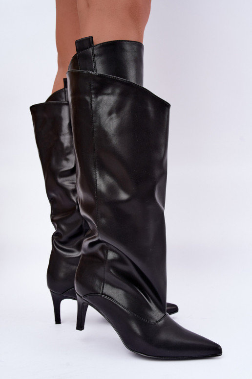 warm knee-high boots with ruffles and thin heels in black color Emerine