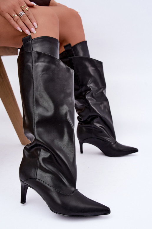 warm knee-high boots with ruffles and thin heels in black color Emerine