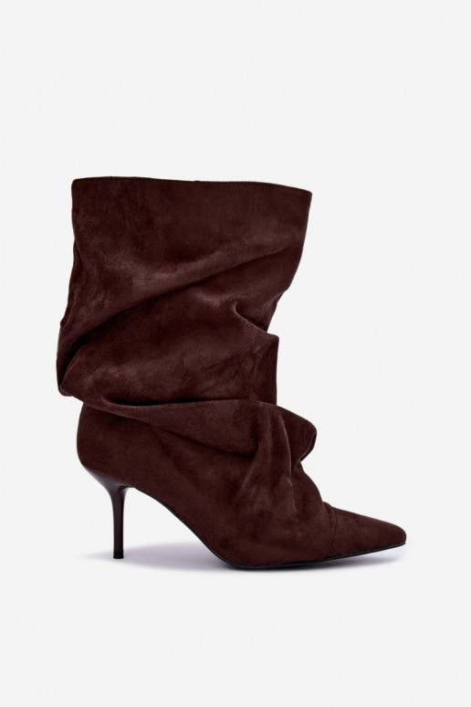 zmarszczone ocieplane botki za kostkę z cienkimi obcasami w kolorze czekoladowym Greselle