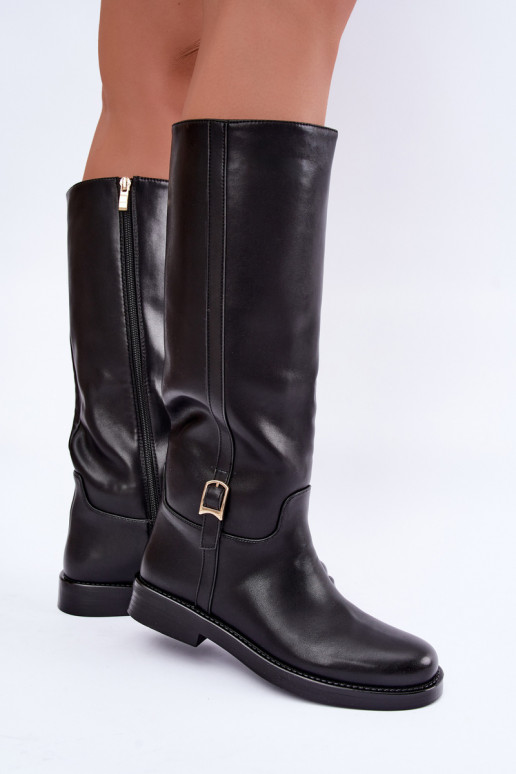 knee-high boots with buckles and wide heels in black color Ismerelle
