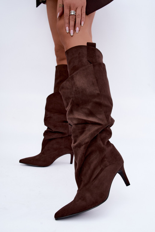 warm knee-high boots with ruffles and thin heels in chocolate color Emerine