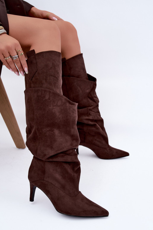 warm knee-high boots with ruffles and thin heels in chocolate color Emerine