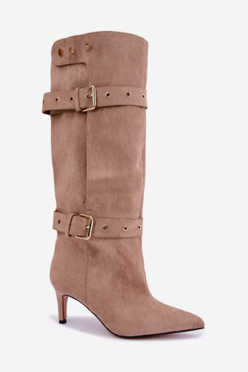 slip-on knee-high boots with thin heels, straps and buckles in sand color Isabeau