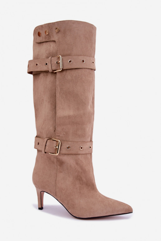 slip-on knee-high boots with thin heels, straps and buckles in sand color Isabeau