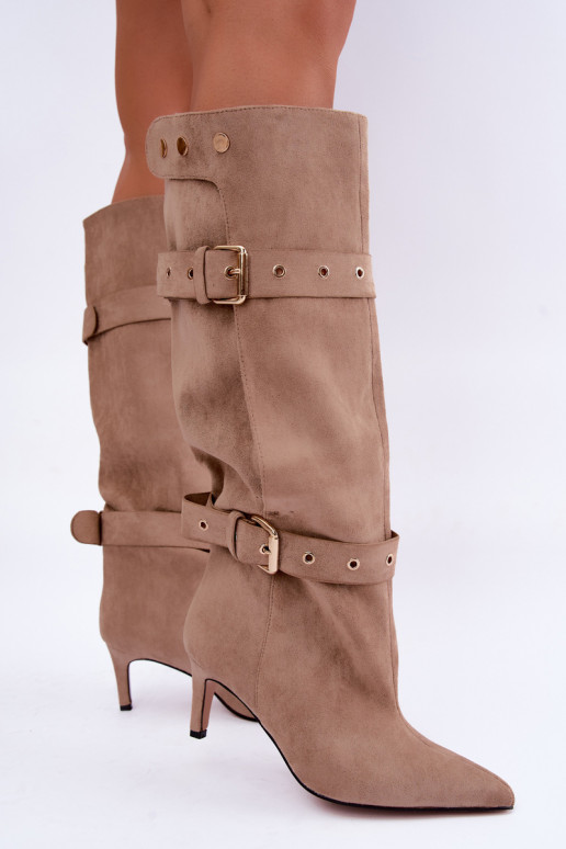 slip-on knee-high boots with thin heels, straps and buckles in sand color Isabeau