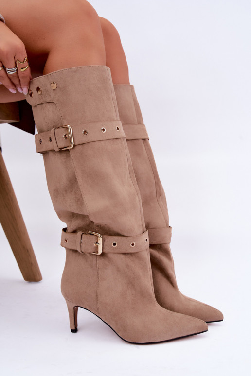 slip-on knee-high boots with thin heels, straps and buckles in sand color Isabeau