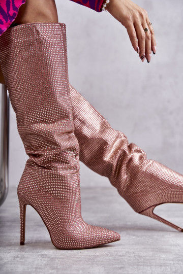Pink high-heeled long boots with shiny eyelets Lovisa