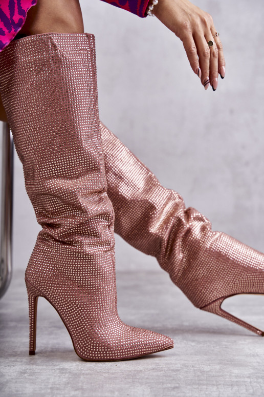 Pink high-heeled long boots with shiny eyelets Lovisa