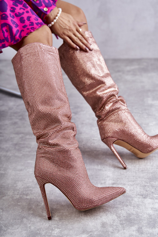 Pink high-heeled long boots with shiny eyelets Lovisa