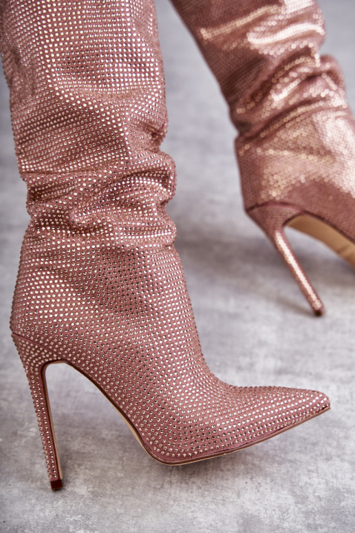 Pink high-heeled long boots with shiny eyelets Lovisa