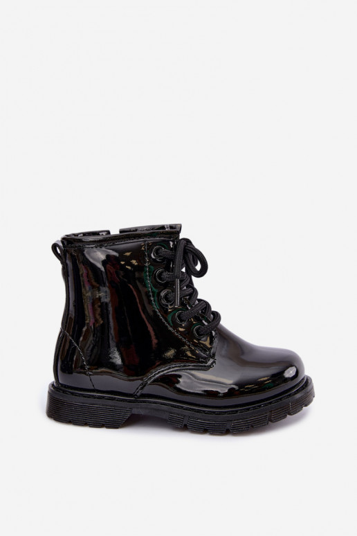 Lined children's ankle boots with patent effect, faux leather, with zippers, black Omua