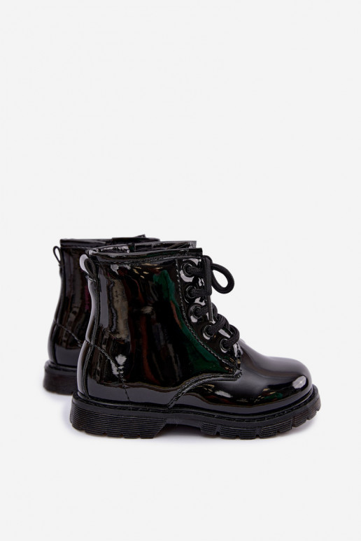 Lined children's ankle boots with patent effect, faux leather, with zippers, black Omua