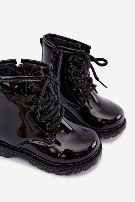 Lined children's ankle boots with patent effect, faux leather, with zippers, black Omua