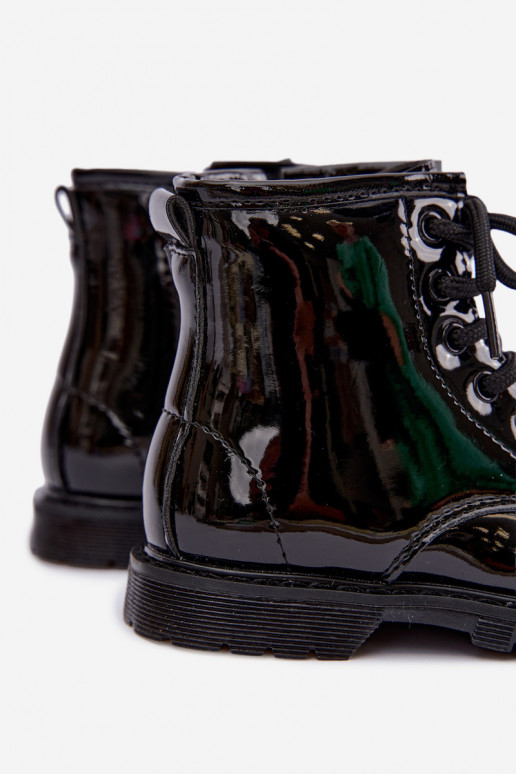 Lined children's ankle boots with patent effect, faux leather, with zippers, black Omua