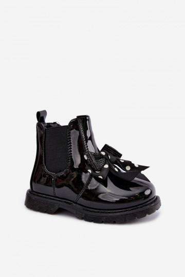 Lined children's ankle boots with patent effect, with ribbons, black Keralyn