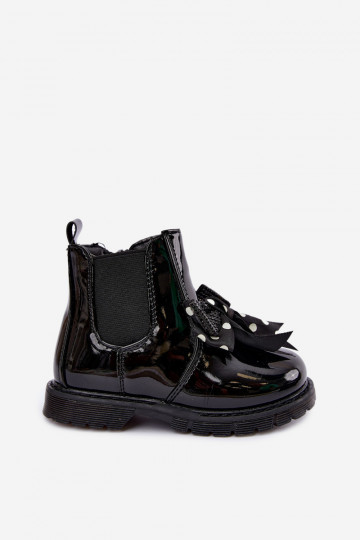 Lined children's ankle boots with patent effect, with ribbons, black Keralyn 2