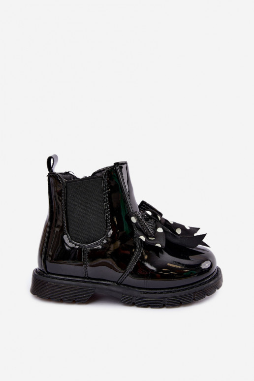 Lined children's ankle boots with patent effect, with ribbons, black Keralyn