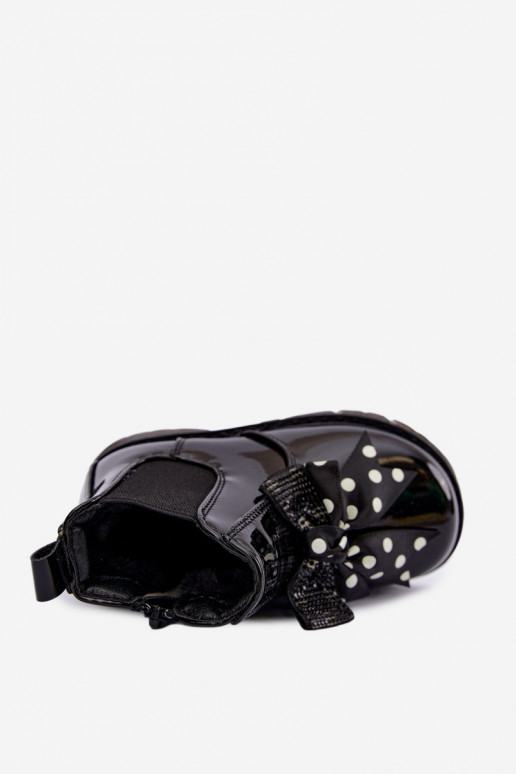 Lined children's ankle boots with patent effect, with ribbons, black Keralyn