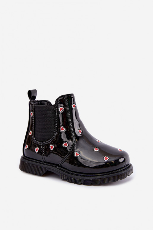 Lined children's ankle boots with patent effect, with hearts, black Keralyn