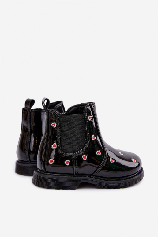 Lined children's ankle boots with patent effect, with hearts, black Keralyn