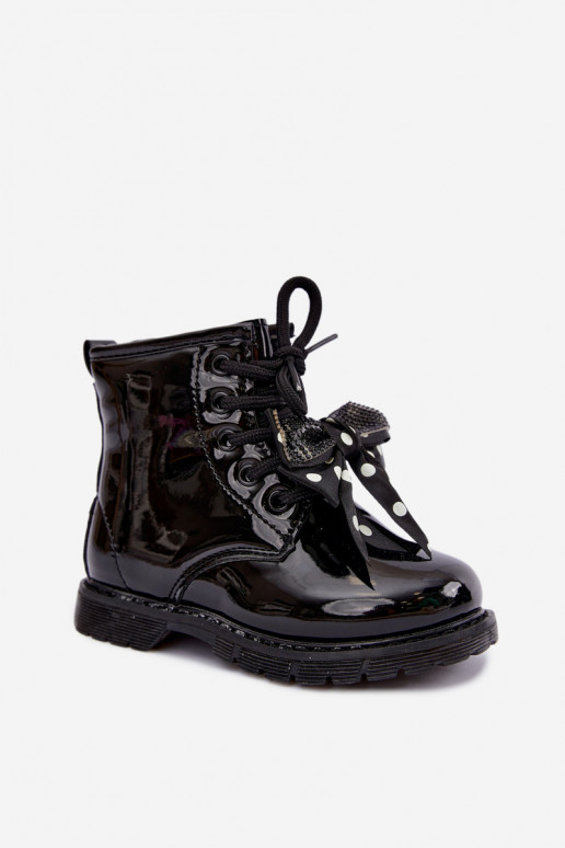 Lined children's ankle boots with patent effect, with ribbons, black Corselle