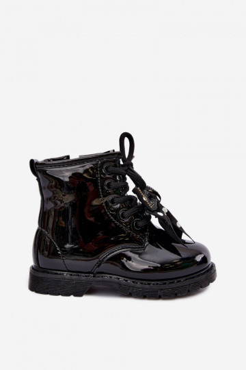 Lined children's ankle boots with patent effect, with ribbons, black Corselle 2