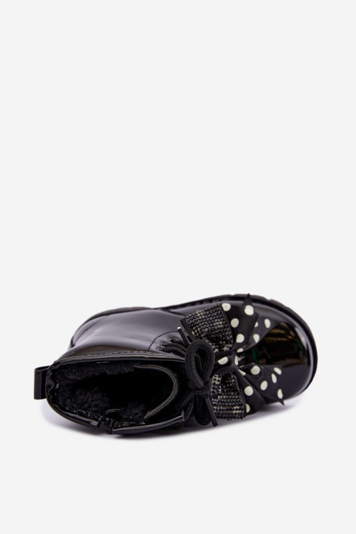 Lined children's ankle boots with patent effect, with ribbons, black Corselle