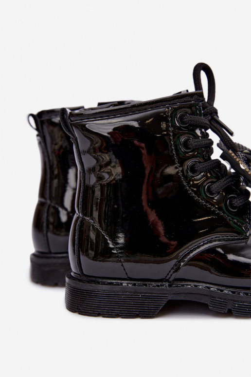 Lined children's ankle boots with patent effect, with ribbons, black Corselle