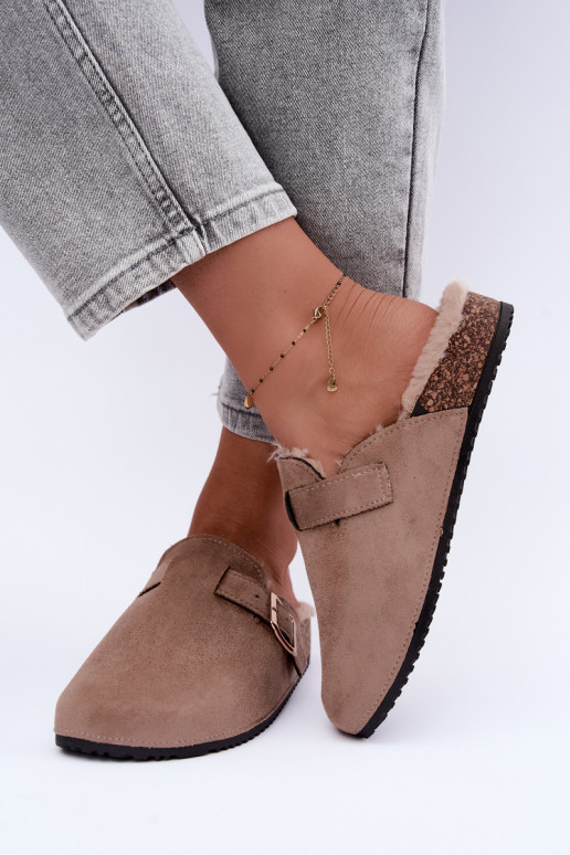 women's clogs with fur inside and buckles in sand Tamera